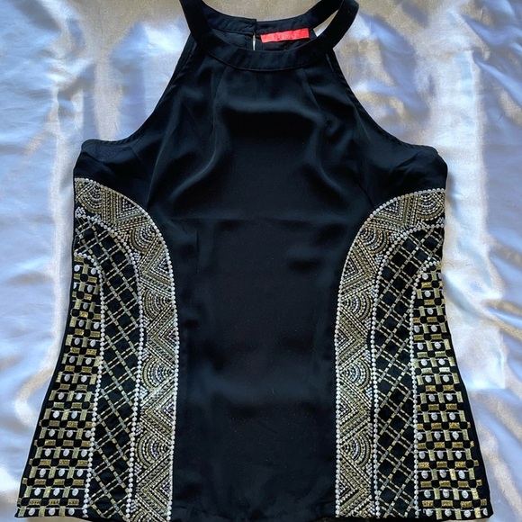 Lulumari Black Silky Halter Top Metallic Thread Embroidered Accent Panels Sz S - Picture 4 of 16